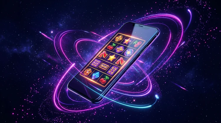 3D-smartphone met abstracte casinolobby en raster van slots op het scherm, omringd door magenta en violette lichtsporen.