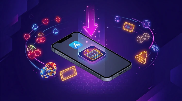 Isometrische iPhone met appwinkel-icoon en magenta downloadpijl, zwevende casino- en slot-symbolen op indigo.