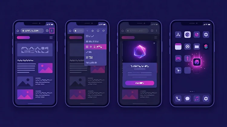 Vier telefoonschermen in volgorde: browser, menu, toevoegen aan beginscherm en app-icoon, platte illustratie in magenta en violet.