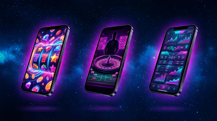 Drie smartphones: abstracte slot fullscreen, live roulette met dealer en sportweddenschappen-UI met neon gloed.
