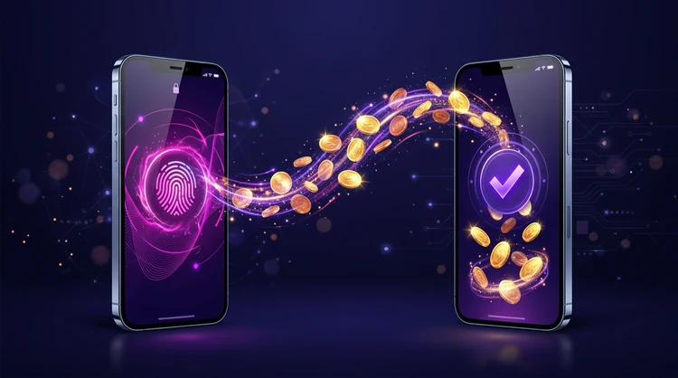 Twee telefoons: biometrische betaling links en succesvolle storting met vinkje en munten rechts, muntenstroom ertussen.