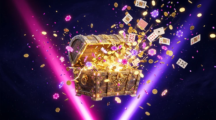 Gloeiende bonuskist die openbarst met gouden munten, magenta confetti en fiches tegen een diepindigo achtergrond.