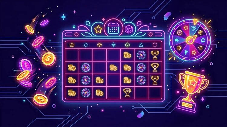 Neon promotiekalender met iconen voor reload, free spins en toernooien op donkerindigo met magenta en paarse accenten.
