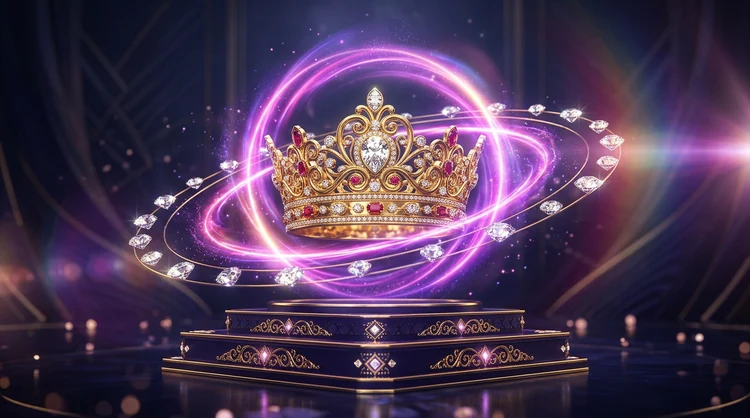 Gouden VIP-kroon boven een indigo platform met gloeiende magenta en violette energieringen en diamanten.