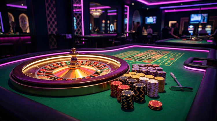Neonverlicht roulette en stapels fiches op een groene speeltafel in luxe online casino-sfeer met magenta accenten.