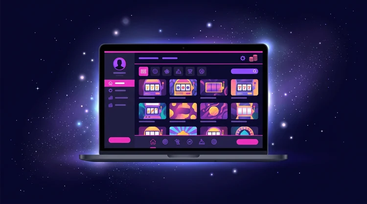Illustratie van een online casinolobby op een laptop met neon magenta en paarse accenten op een donkerindigo achtergrond.