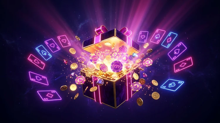 Gloeiende geschenkdoos met gouden munten en casinofiches, magenta en violet lichtstralen op donkerindigo achtergrond.