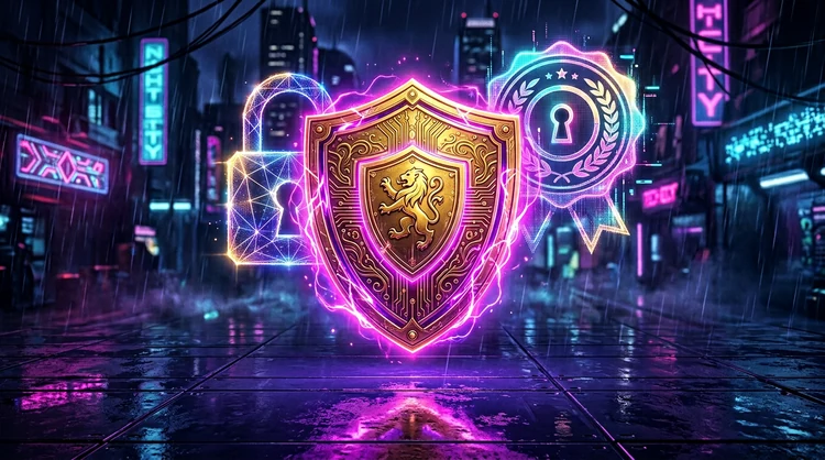 Gouden veiligheidsschild met magenta en violet neon, holografische slot- en certificaaticon achter een donkerindigo oppervlak.