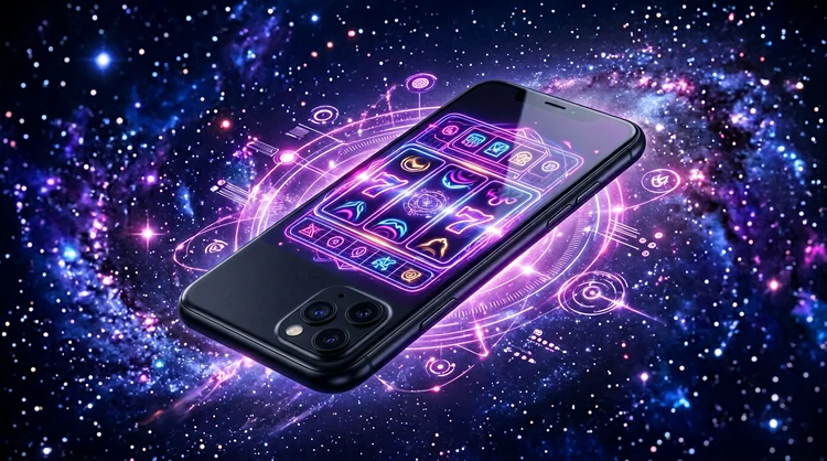 Smartphone met kleurrijke casinospellen op het scherm, zwevend in diep indigo ruimte met holografische UI-gloed.