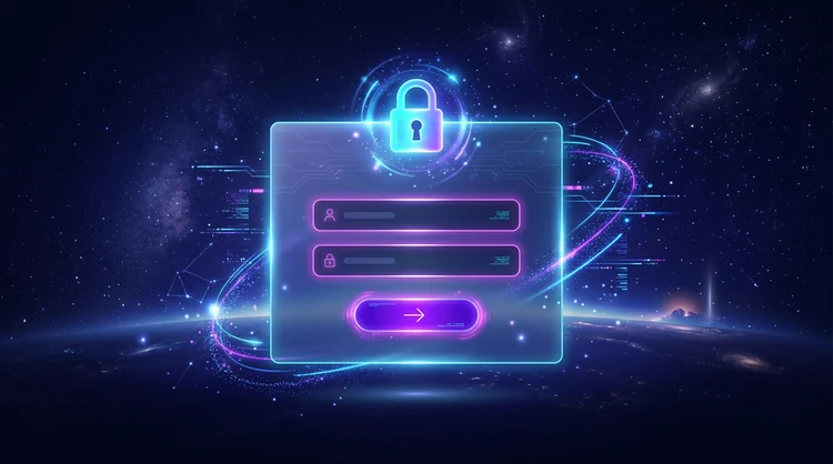 Glowende login-interface met magenta randen, paarse knop en hangslot boven het formulier in diep indigo.