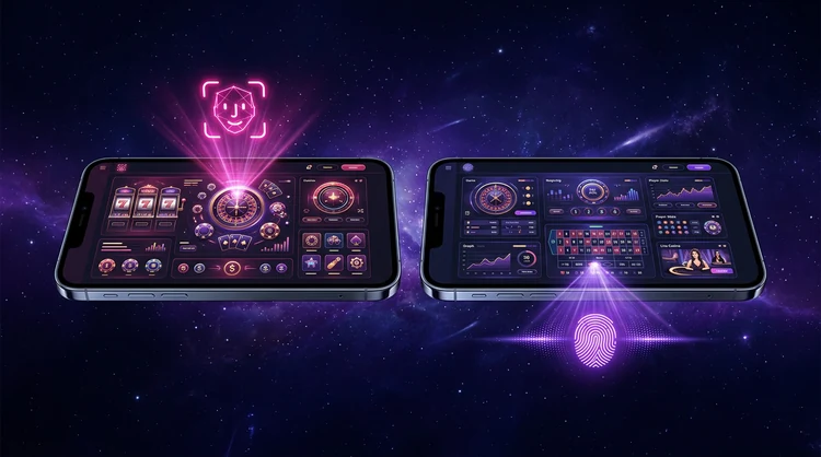 Twee smartphones naast elkaar: Face ID-stijl gloed links en vingerafdruk gloed rechts, abstract casinodashboard na inloggen.
