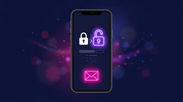 Smartphone met gloeiende envelop-melding en slot-icoon dat opengaat met violet neon, wachtwoord-reset visueel.