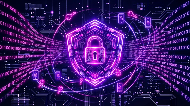 Hexagonaal veiligheidsschild met hangslot, binaire code en telefoon- en sleuteliconen in magenta en violet neon.