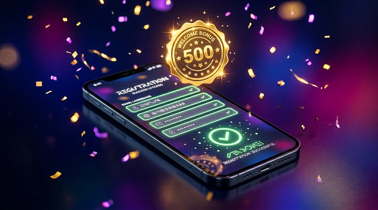 Smartphone met registratieformulier, vinkje bij succes en gouden welkomstbonus-badge erboven, confetti en neonaccenten.