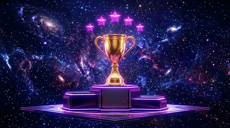 Gouden trofee op een podium met vijf gloeiende magenta sterren, luxe 3D-beeld in diep indigo.