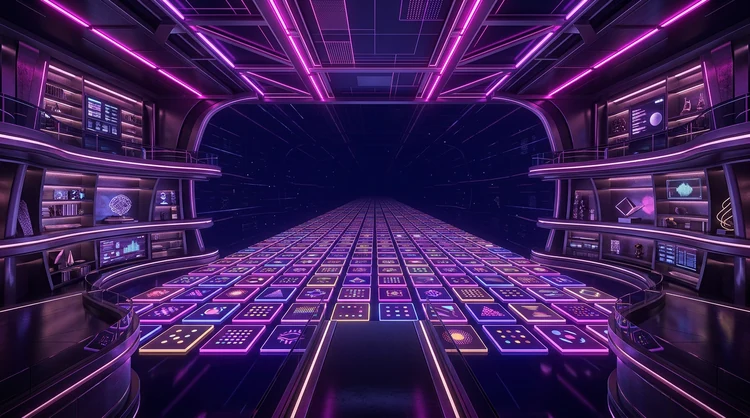 Brede 3D-weergave van een gloeiende virtuele casinospelbibliotheek met magenta en violet neon, zonder echte spel-logo's.