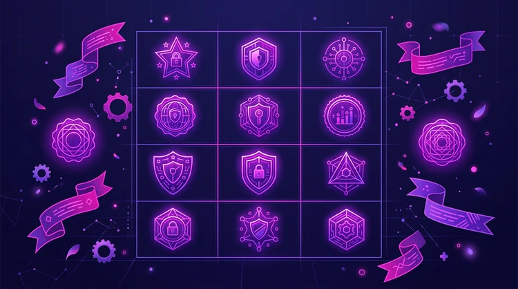 Abstracte leveranciersbadges en certificaten op een donkerindigo paneel, platte vectorstijl in magenta en violet.