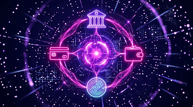 Abstracte visualisatie van betalingsstromen: iconen rond een centrale node met magenta datastromen op donkerindigo.