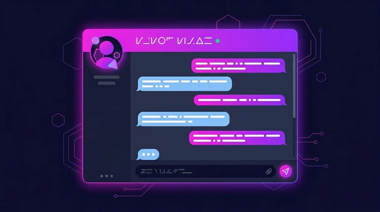 Klantenservice-chatvenster met magenta en paarse gradient, abstracte agentavatar en gespreksilhouetten op donkerindigo.