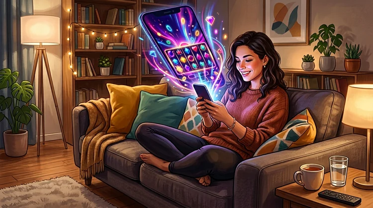 Persoon speelt mobiele casinospellen op een gloeiende smartphone op de bank, warme sfeerverlichting, geen leesbare tekst op scherm.