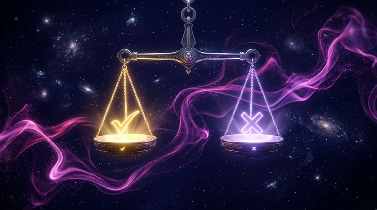 3D-weegschaal in diep indigo: gouden schaal met vinkje en violette schaal met kruis, magenta energie-effecten.